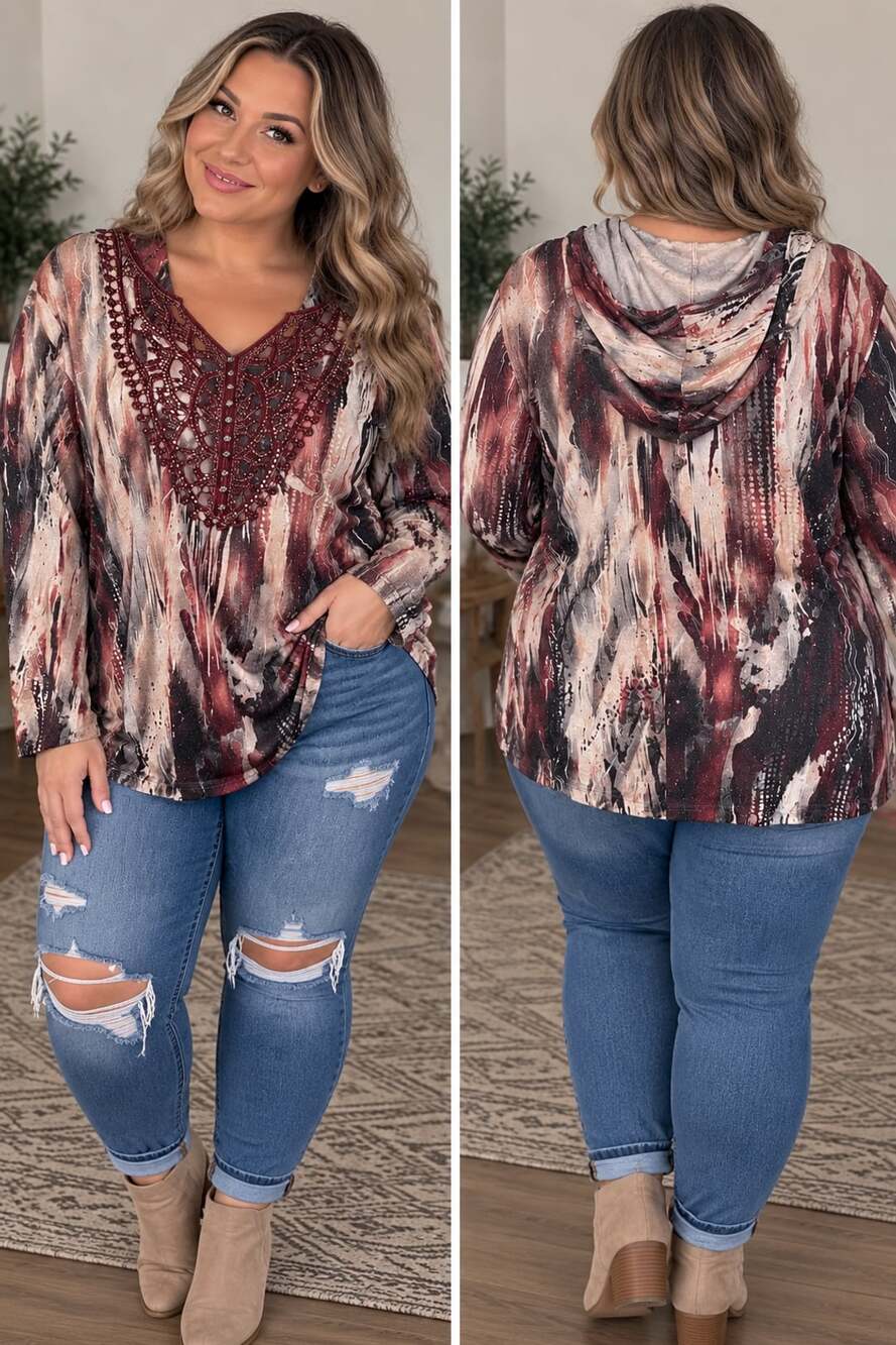 CJ Banks Embellished Hooded Blouse Size 2X Brown Cream Boho Studded Bling